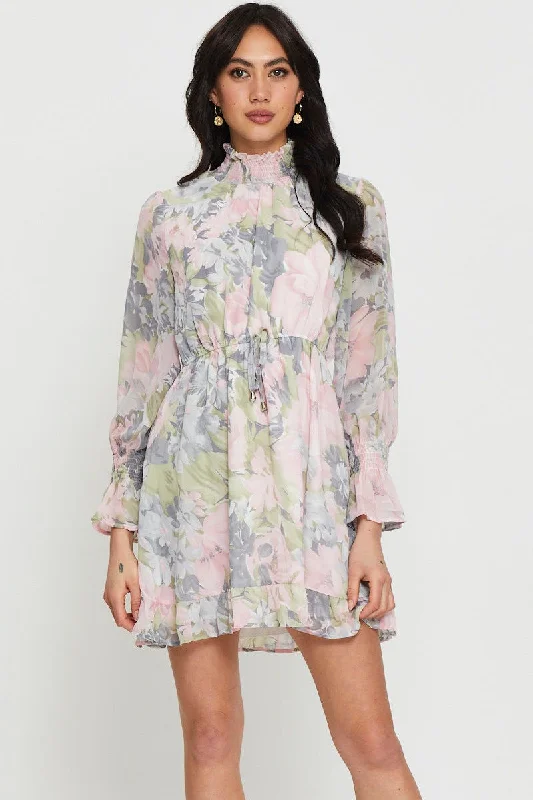 formal mini dresses for evening -Print Mini Dress Long Sleeve