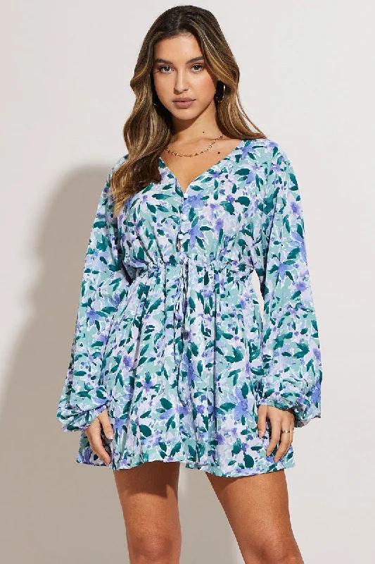 silk mini dresses for evening -Print Mini Dress Long Sleeve