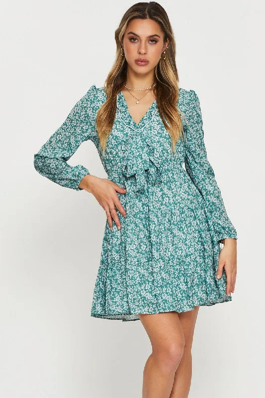 sexy mini dresses for evening -Print Mini Dress Long Sleeve