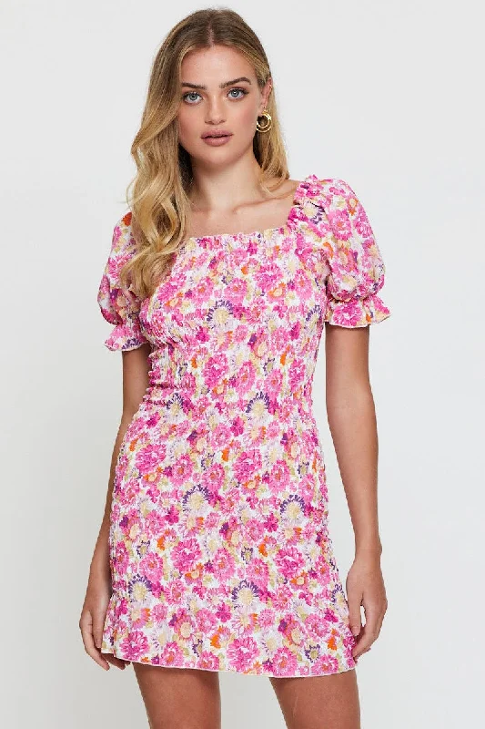 cute mini dresses for date -Print Mini Dress Short Sleeve