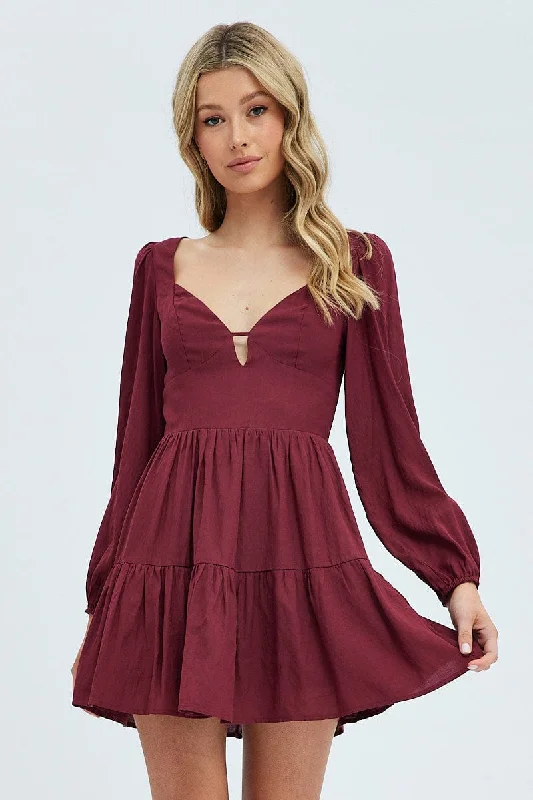 lace mini dresses for evening -Purple Fit And Flare Dress Long Sleeve Mini