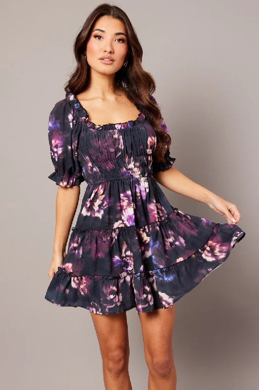 trendy mini dresses for guests -Purple Floral Fit And Flare Dress Puff Sleeve Mini