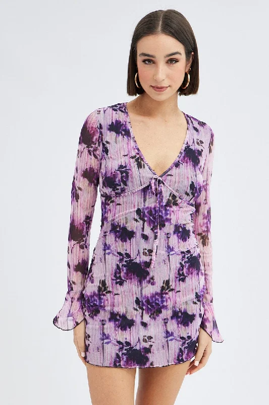 modern mini dresses for evening -Purple Floral Mesh Dress Long Sleeve Mini