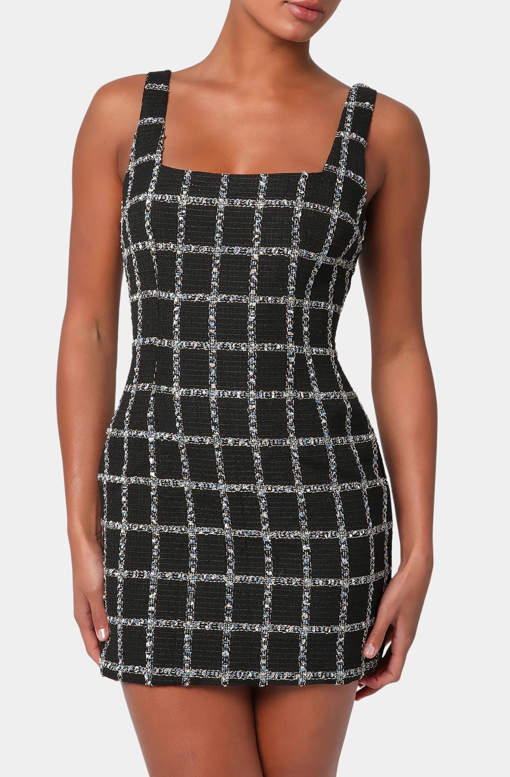 black mini dresses for women -Sophisticated Appeal Black Tweed Sleeveless Mini Dress