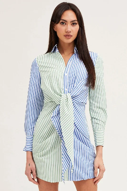 off shoulder mini dresses pink -Stripe Shirt Dress Long Sleeve Mini