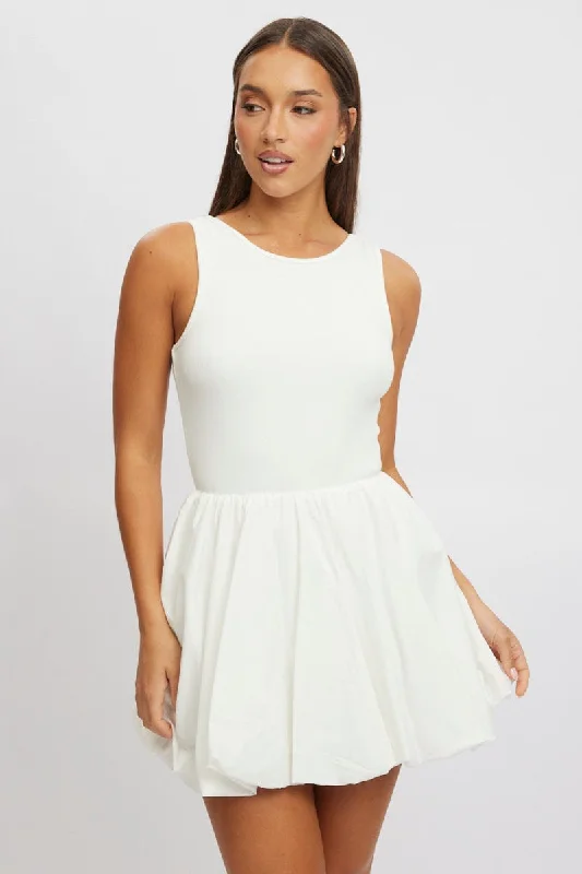 off shoulder mini dresses blue -White Bubble Dress Mini