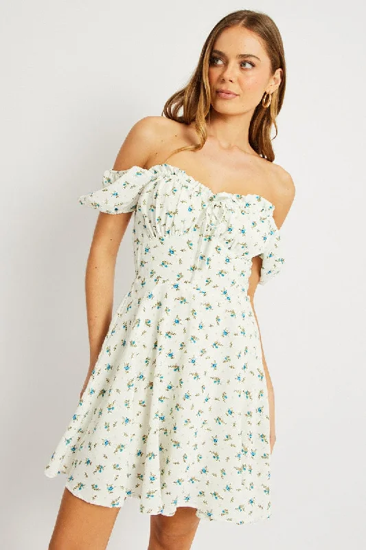 sexy mini dresses for guests -White Ditsy Fit And Flare Dress Mini