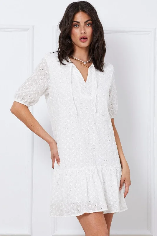 simple mini dresses for evening -White Mini Dress Short Sleeve