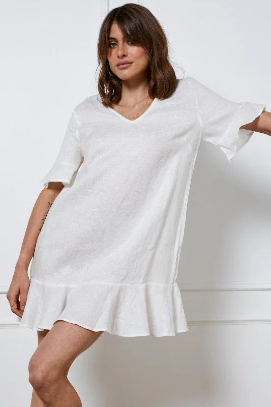 sequin mini dresses for guests -White Mini Dress Short Sleeve Linen