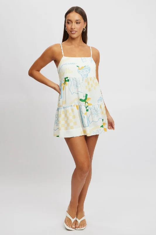 bold mini dresses for date -Yellow Abstract Swing Dress Mini