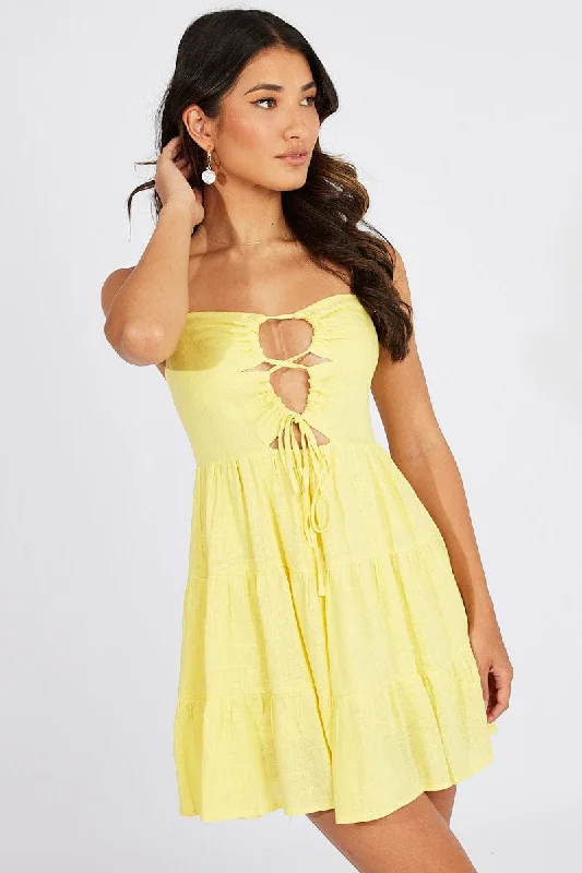 casual mini dresses for date -Yellow Fit And Flare Dress Strappy Mini