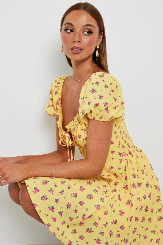 retro mini dresses for evening -Yellow Floral Fit And Flare Dress Puff Sleeve Mini